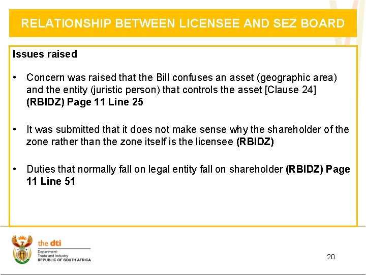 RELATIONSHIP BETWEEN LICENSEE AND SEZ BOARD Issues raised • Concern was raised that the
