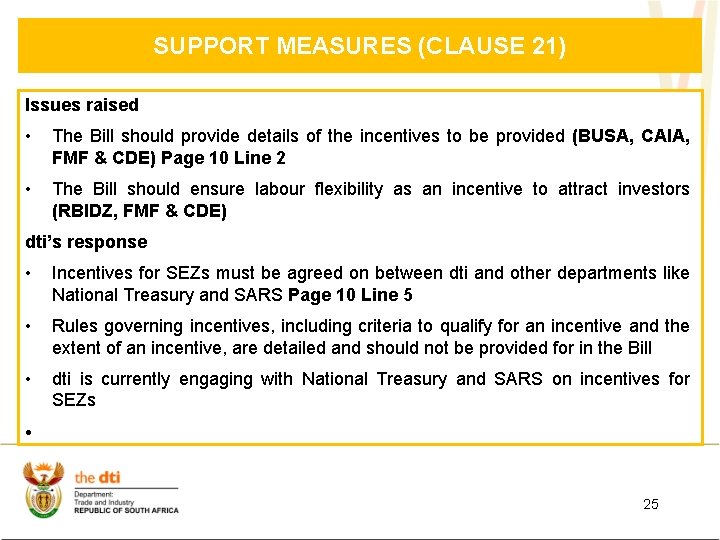 SUPPORT MEASURES (CLAUSE 21) Issues raised • The Bill should provide details of the