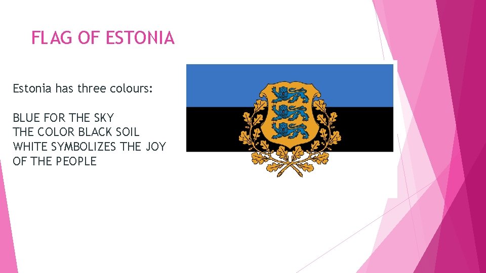FLAG OF ESTONIA Estonia has three colours: BLUE FOR THE SKY THE COLOR BLACK