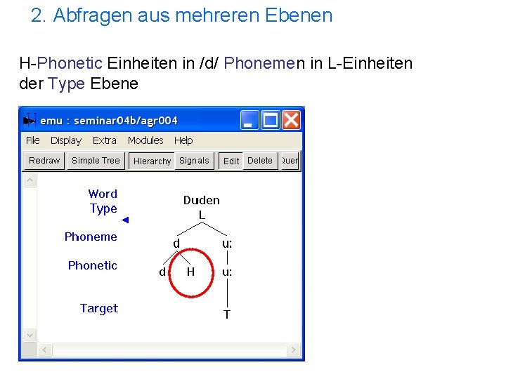 2. Abfragen aus mehreren Ebenen H-Phonetic Einheiten in /d/ Phonemen in L-Einheiten der Type