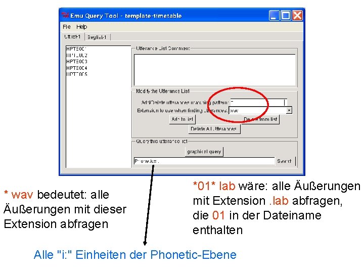 * wav bedeutet: alle Äußerungen mit dieser Extension abfragen *01* lab wäre: alle Äußerungen