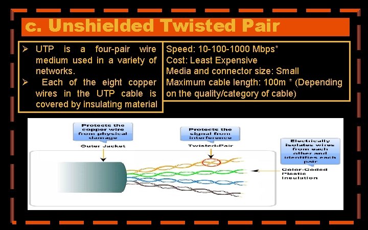 c. Unshielded Twisted Pair Ø UTP is a four-pair wire medium used in a