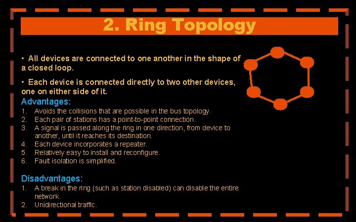 2. Ring Topology • All devices are connected to one another in the shape
