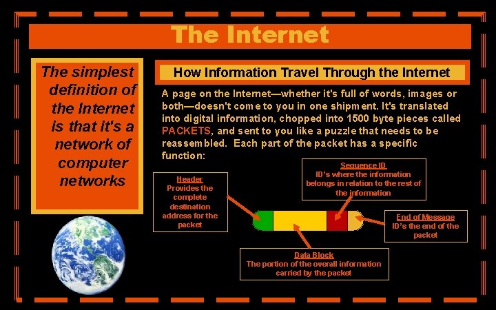 The Internet The simplest definition of the Internet is that it's a network of