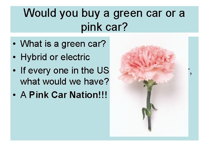 Would you buy a green car or a pink car? • What is a