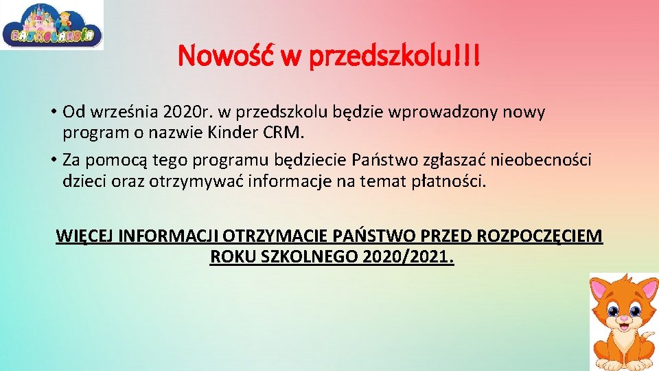 Nowość w przedszkolu!!! • Od września 2020 r. w przedszkolu będzie wprowadzony nowy program