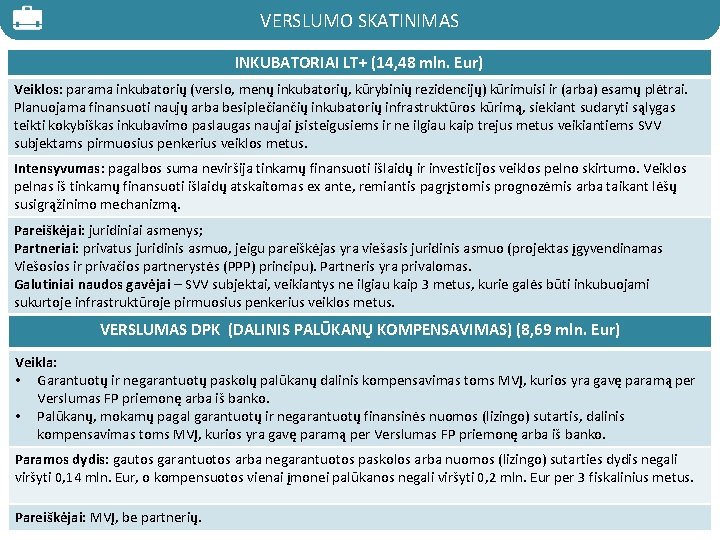 VERSLUMO SKATINIMAS INKUBATORIAI LT+ (14, 48 mln. Eur) Veiklos: parama inkubatorių (verslo, menų inkubatorių,