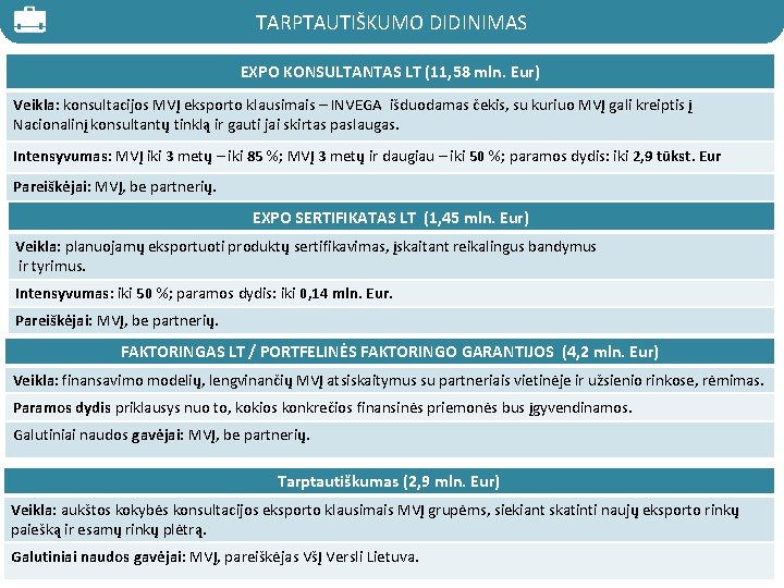 TARPTAUTIŠKUMO DIDINIMAS EXPO KONSULTANTAS LT (11, 58 mln. Eur) Veikla: konsultacijos MVĮ eksporto klausimais