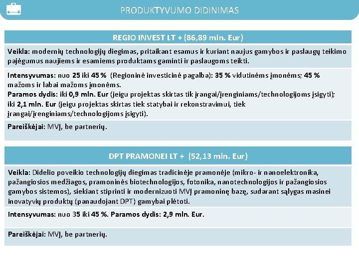 PRODUKTYVUMO DIDINIMAS REGIO INVEST LT + (86, 89 mln. Eur) Veikla: modernių technologijų diegimas,