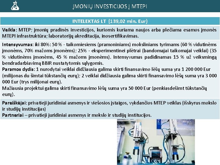 ĮMONIŲ INVESTICIJOS Į MTEPI INTELEKTAS LT (139, 02 mln. Eur) Veikla: MTEP; įmonių pradinės