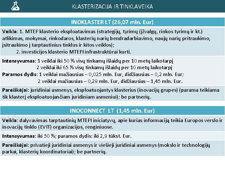 KLASTERIZACIJA IR TINKLAVEIKA INOKLASTER LT (26, 07 mln. Eur) Veikla: 1. MTEP klasterio eksploatavimas