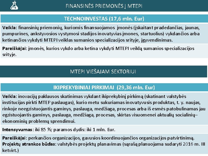 FINANSINĖS PRIEMONĖS Į MTEPI TECHNOINVESTAS (17, 6 mln. Eur) Veikla: finansinių priemonių, kuriomis finansuojamos