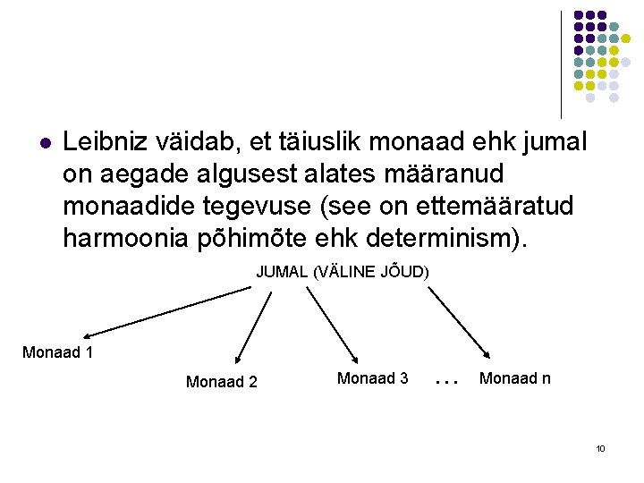 l Leibniz väidab, et täiuslik monaad ehk jumal on aegade algusest alates määranud monaadide