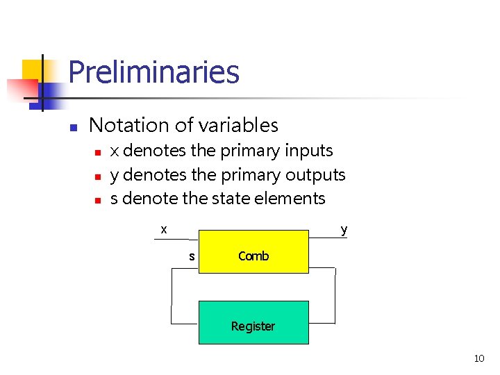 Preliminaries n Notation of variables n n n x denotes the primary inputs y