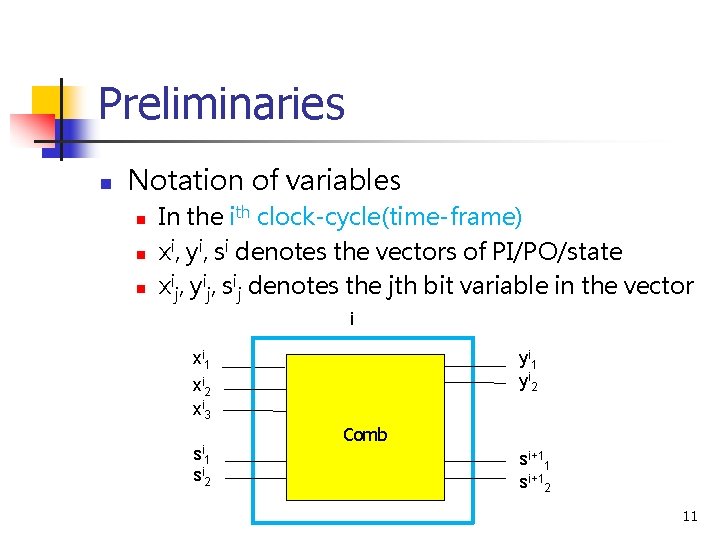 Preliminaries n Notation of variables n n n In the ith clock-cycle(time-frame) xi, yi,