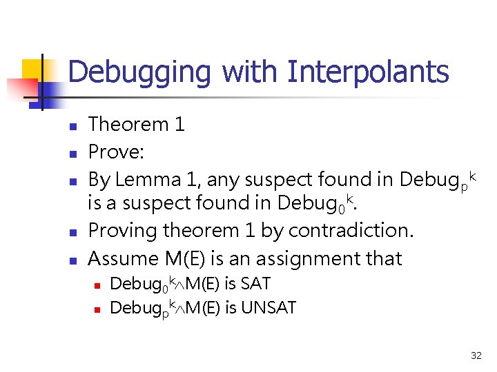 Debugging with Interpolants n n n Theorem 1 Prove: By Lemma 1, any suspect