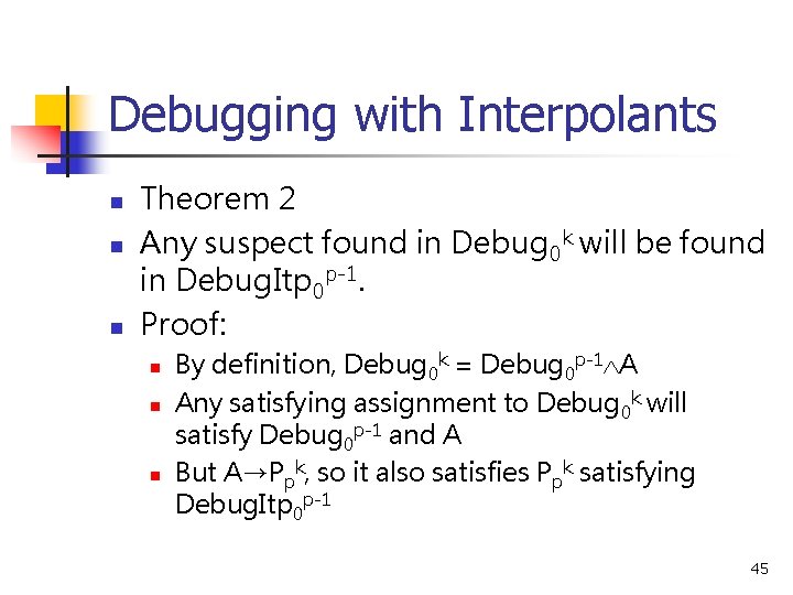 Debugging with Interpolants n n n Theorem 2 Any suspect found in Debug 0