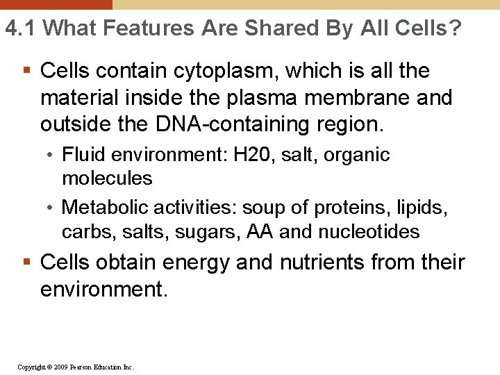 4. 1 What Features Are Shared By All Cells? § Cells contain cytoplasm, which