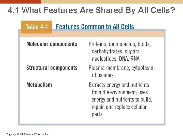 4. 1 What Features Are Shared By All Cells? Copyright © 2009 Pearson Education