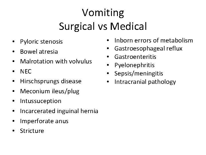 Vomiting Surgical vs Medical • • • Pyloric stenosis Bowel atresia Malrotation with volvulus