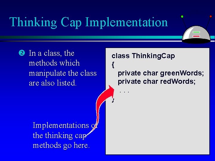 Thinking Cap Implementation In a class, the methods which manipulate the class are also