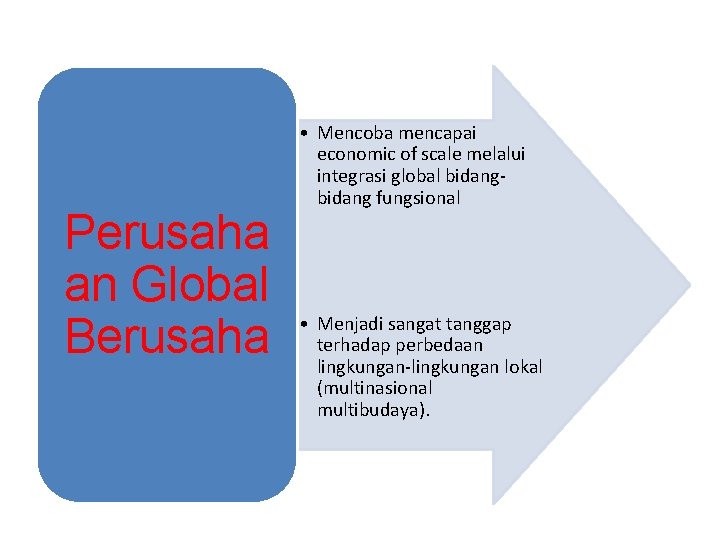 Perusaha an Global Berusaha • Mencoba mencapai economic of scale melalui integrasi global bidang