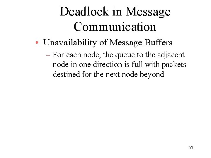 Deadlock in Message Communication • Unavailability of Message Buffers – For each node, the
