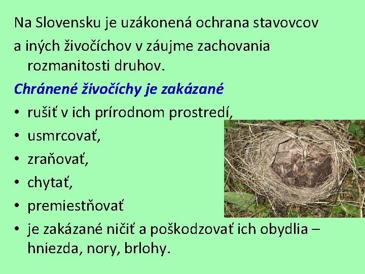 Na Slovensku je uzákonená ochrana stavovcov a iných živočíchov v záujme zachovania rozmanitosti druhov. Na Slovensku je uzákonená ochrana stavovcov a iných živočíchov v záujme zachovania rozmanitosti druhov.