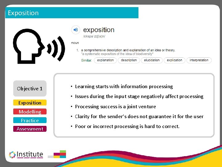 Exposition Objective 1 Exposition Modelling Practice Assessment • Learning starts with information processing •