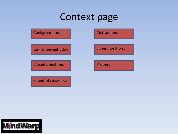 Context page Background noise Distractions Lack of concentration Open questions Closed questions Probing Speed