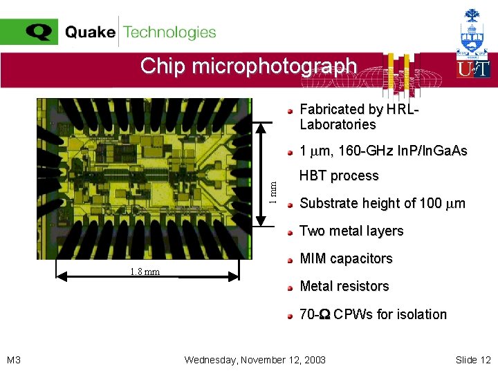 Chip microphotograph Fabricated by HRLLaboratories 1 mm 1 m, 160 -GHz In. P/In. Ga.