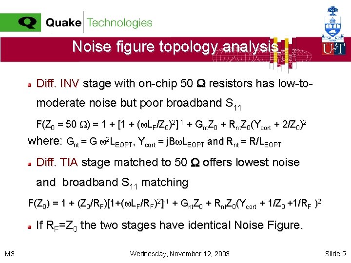 Noise figure topology analysis Diff. INV stage with on-chip 50 resistors has low-tomoderate noise