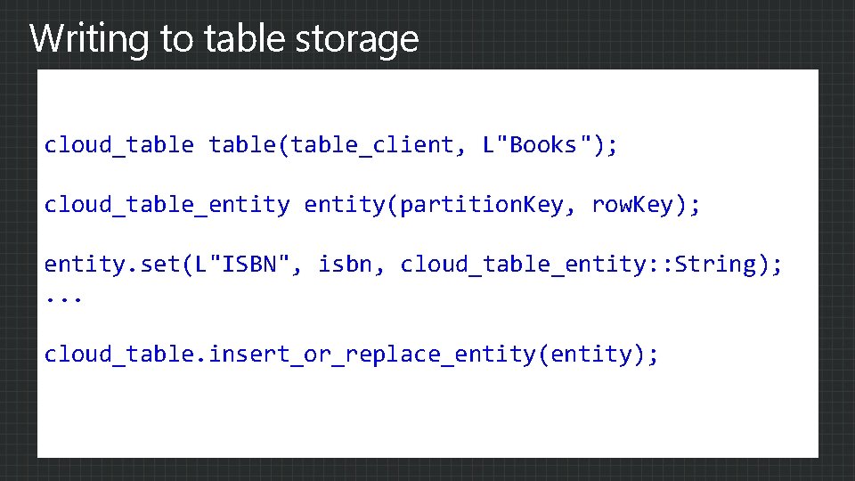 Writing to table storage cloud_table(table_client, L"Books"); cloud_table_entity(partition. Key, row. Key); entity. set(L"ISBN", isbn, cloud_table_entity: