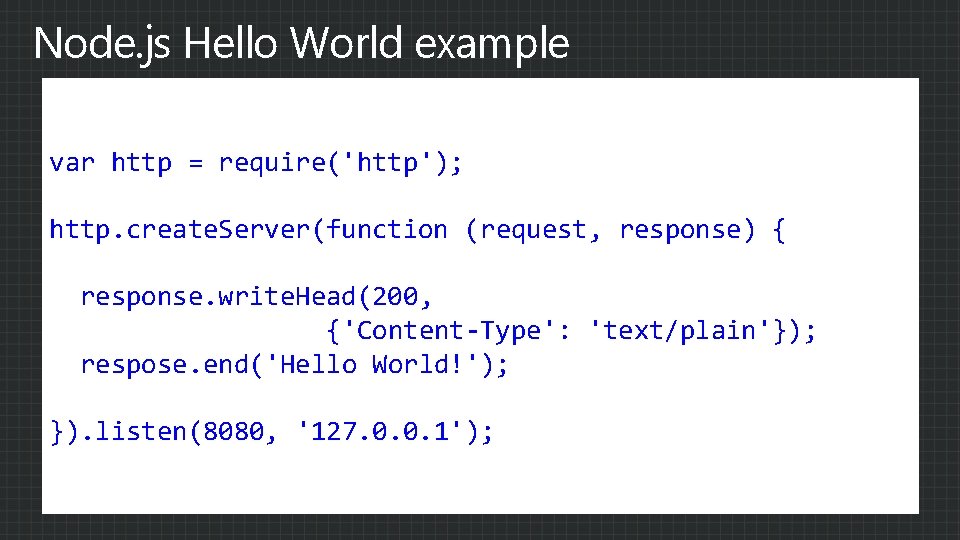 Node. js Hello World example var http = require('http'); http. create. Server(function (request, response)