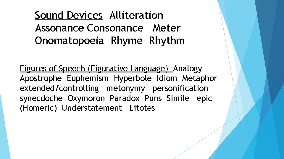 Sound Devices Alliteration Assonance Consonance Meter Onomatopoeia Rhyme Rhythm Figures of Speech (Figurative Language)