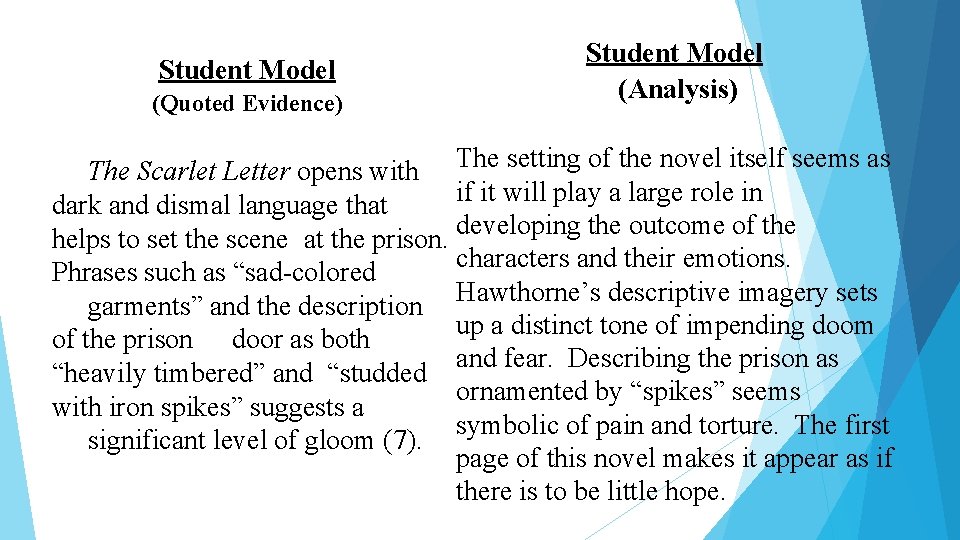 Student Model (Quoted Evidence) Student Model (Analysis) The setting of the novel itself seems