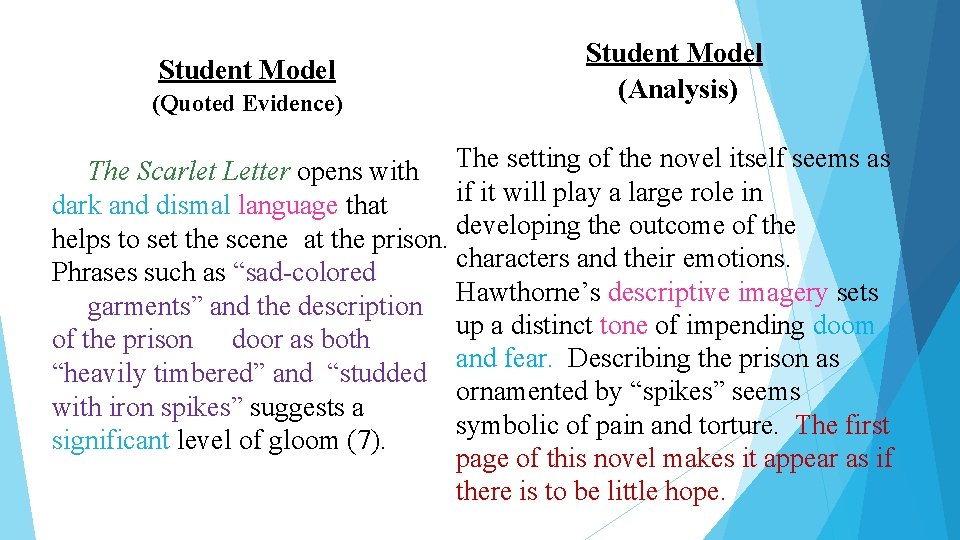 Student Model (Quoted Evidence) Student Model (Analysis) The setting of the novel itself seems