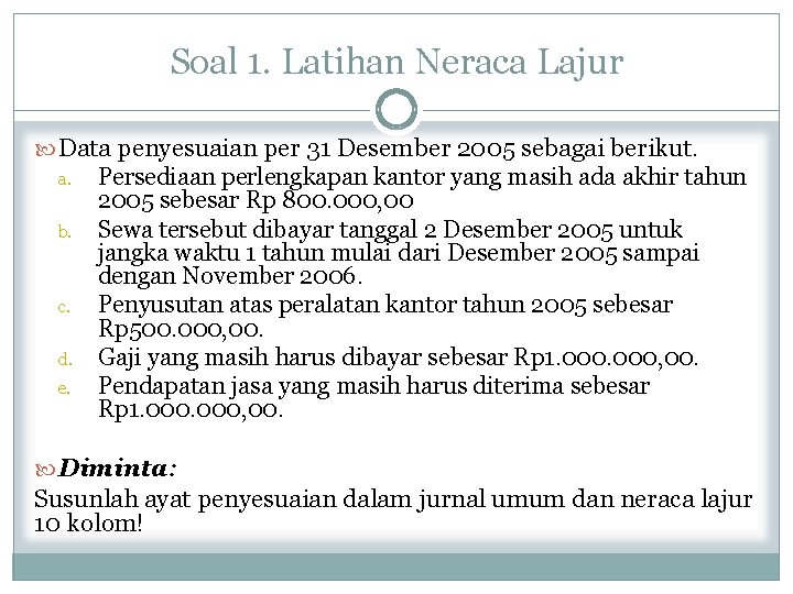 Soal 1. Latihan Neraca Lajur Data penyesuaian per 31 Desember 2005 sebagai berikut. a.