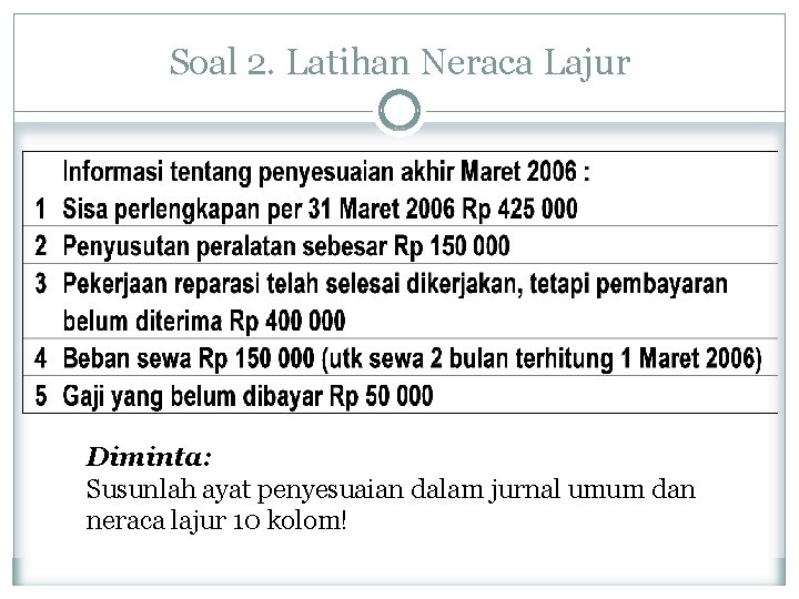 Soal 2. Latihan Neraca Lajur Diminta: Susunlah ayat penyesuaian dalam jurnal umum dan neraca