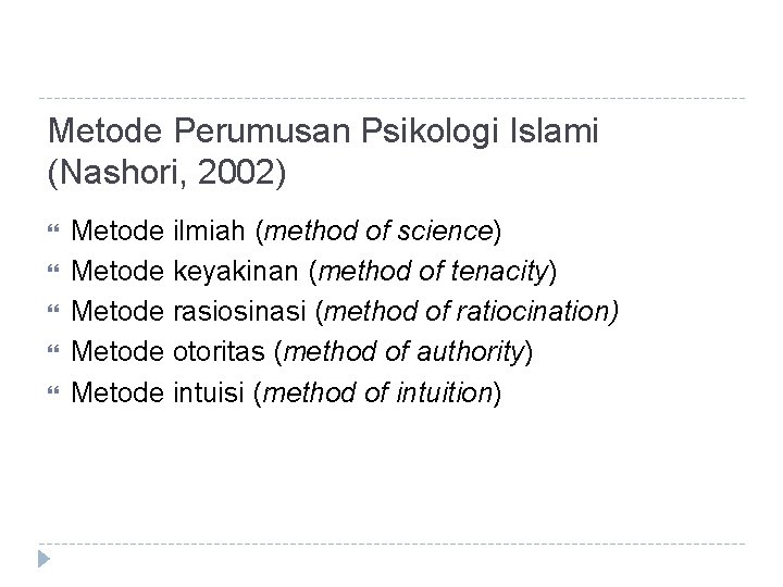 Metode Perumusan Psikologi Islami (Nashori, 2002) Metode ilmiah (method of science) Metode keyakinan (method