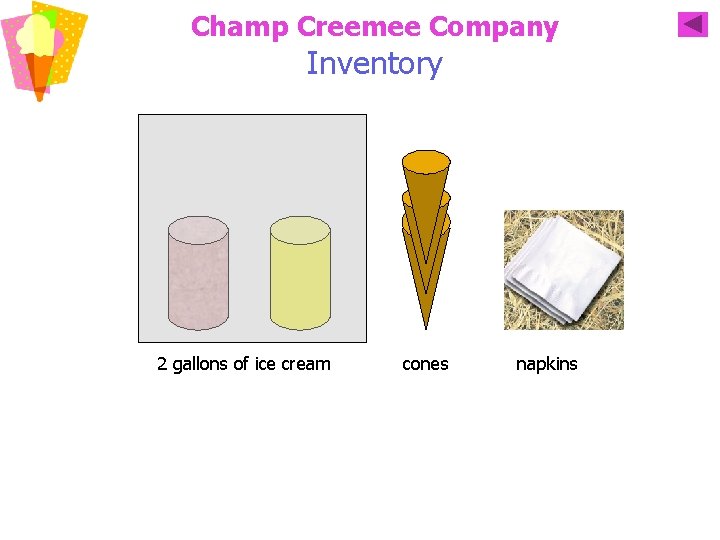 Champ Creemee Company Inventory 2 gallons of ice cream cones napkins 