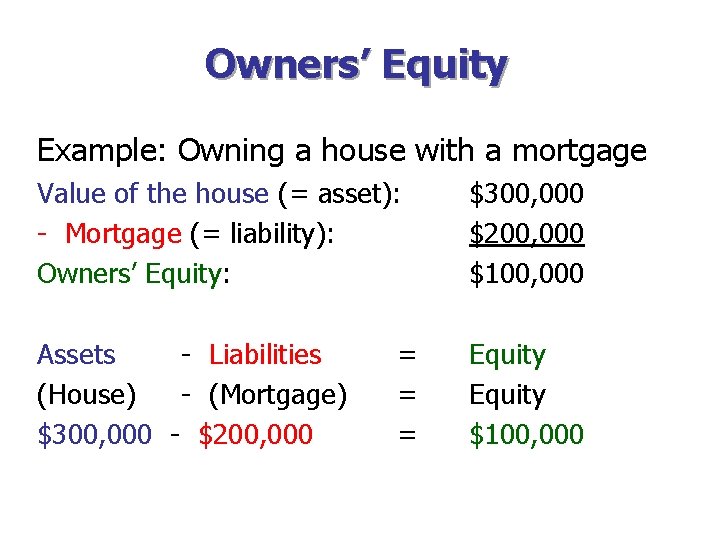 Owners’ Equity Example: Owning a house with a mortgage Value of the house (=