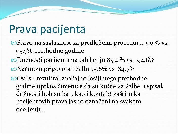 Prava pacijenta Pravo na saglasnost za predloženu proceduru 90 % vs. 95. 7% prethodne