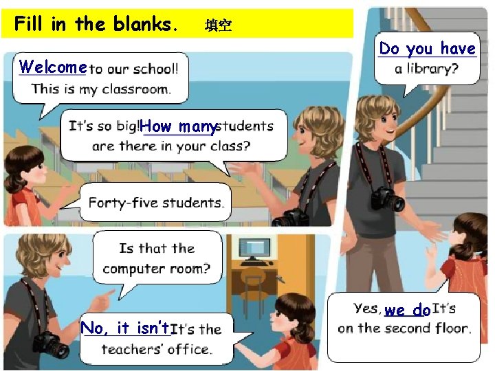 Fill in the blanks. 填空 Welcome Do you have How many No, it isn’t.
