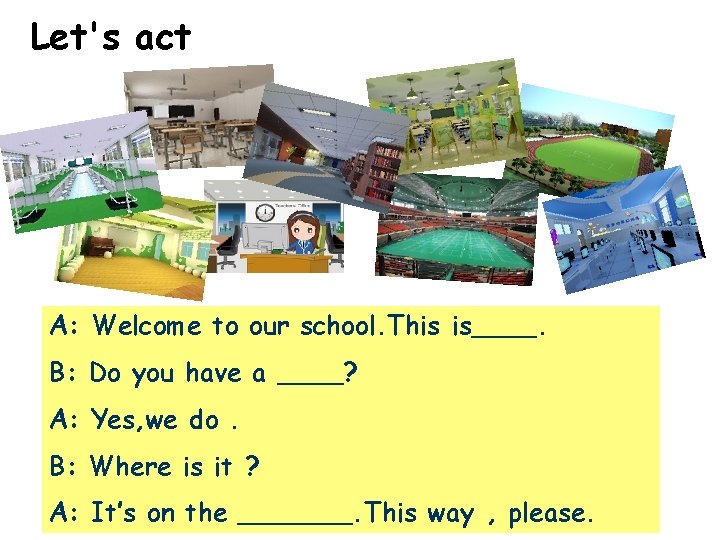 Let's act A: Welcome to our school. This is____. B: Do you have a