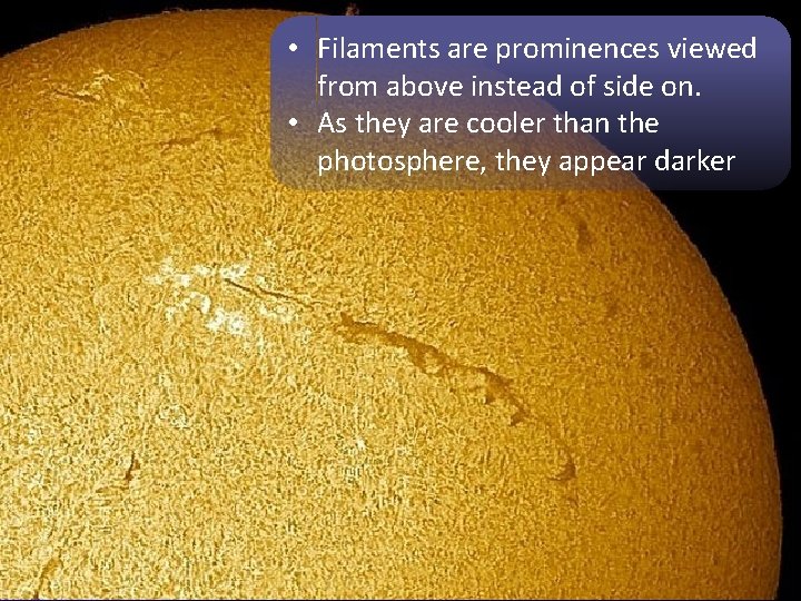  • Filaments are prominences viewed from above instead of side on. • As