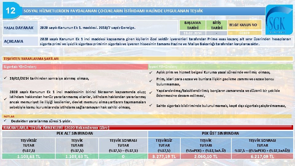 12 SOSYAL HİZMETLERDEN FAYDALANAN ÇOCUKLARIN İSTİHDAMI HALİNDE UYGULANAN TEŞVİK YASAL DAYANAK AÇIKLAMA BAŞLAMA BİTİŞ