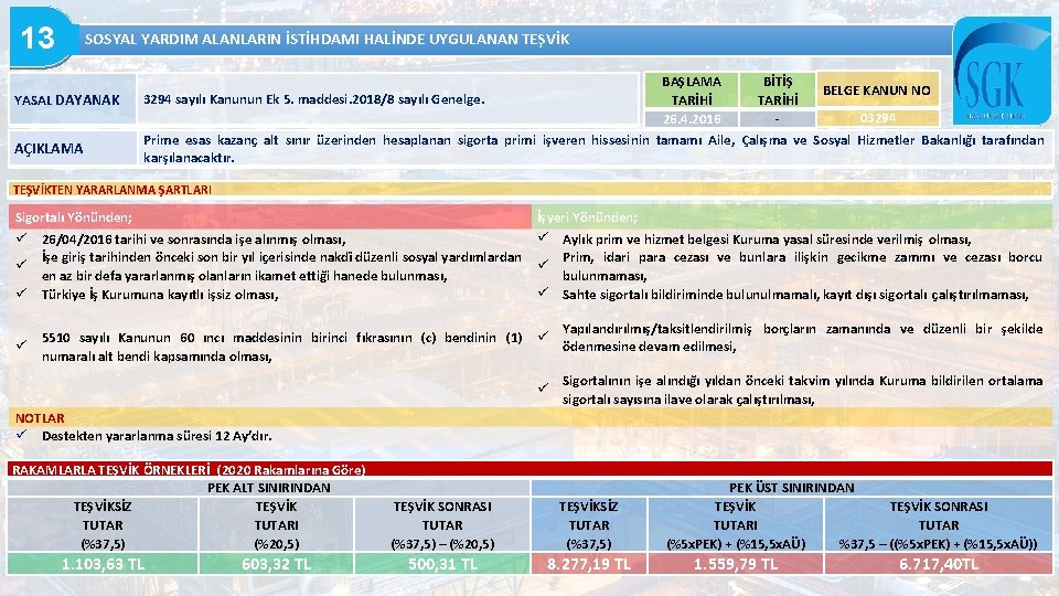 13 SOSYAL YARDIM ALANLARIN İSTİHDAMI HALİNDE UYGULANAN TEŞVİK YASAL DAYANAK AÇIKLAMA BAŞLAMA BİTİŞ BELGE