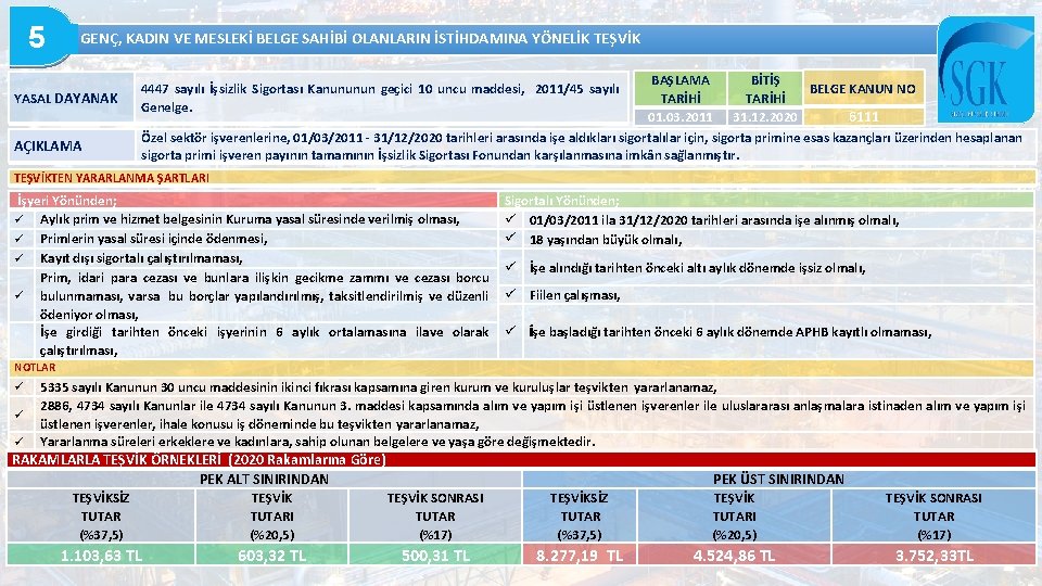 5 GENÇ, KADIN VE MESLEKİ BELGE SAHİBİ OLANLARIN İSTİHDAMINA YÖNELİK TEŞVİK YASAL DAYANAK AÇIKLAMA