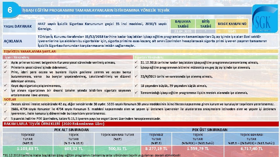 6 İŞBAŞI EĞİTİM PROGRAMINI TAMAMLAYANLARIN İSTİHDAMINA YÖNELİK TEŞVİK YASAL DAYANAK AÇIKLAMA BAŞLAMA BİTİŞ BELGE